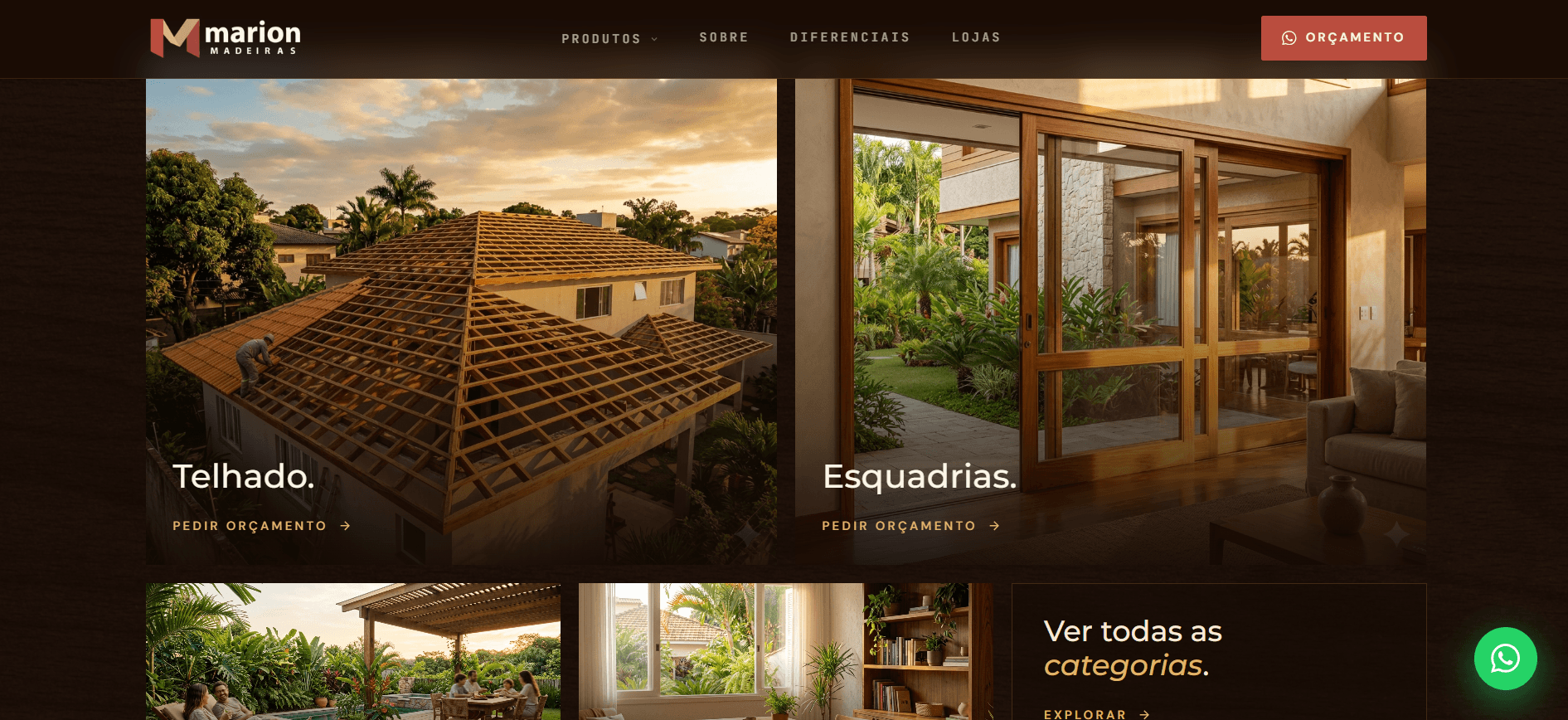 Seção de produtos do site da Marion Madeiras — telhados e esquadrias